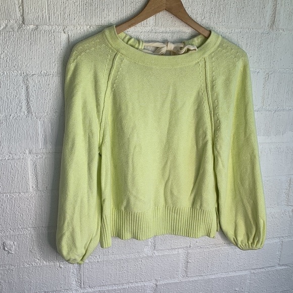 Anthropologie Emily Puff-Sleeved Knit Tie Back Neon Green Sweater sz S - Picture 6 of 9